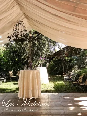 Terraza drapé con mesas de cóctel junto al árbol y el jardín de Las Malvinas