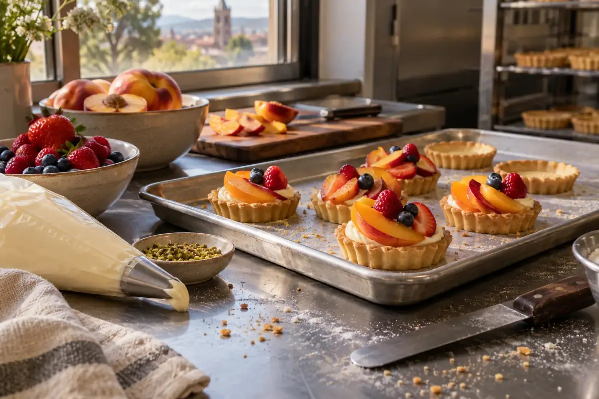 Tarteletas de fruta fresca con crema, recién armadas en la vitrina