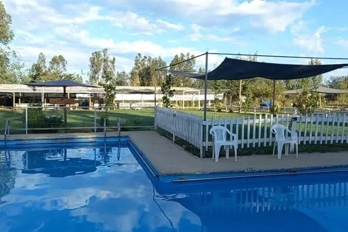 Segunda piscina de Los Treiles entre pasto y árboles, con reposeras azules