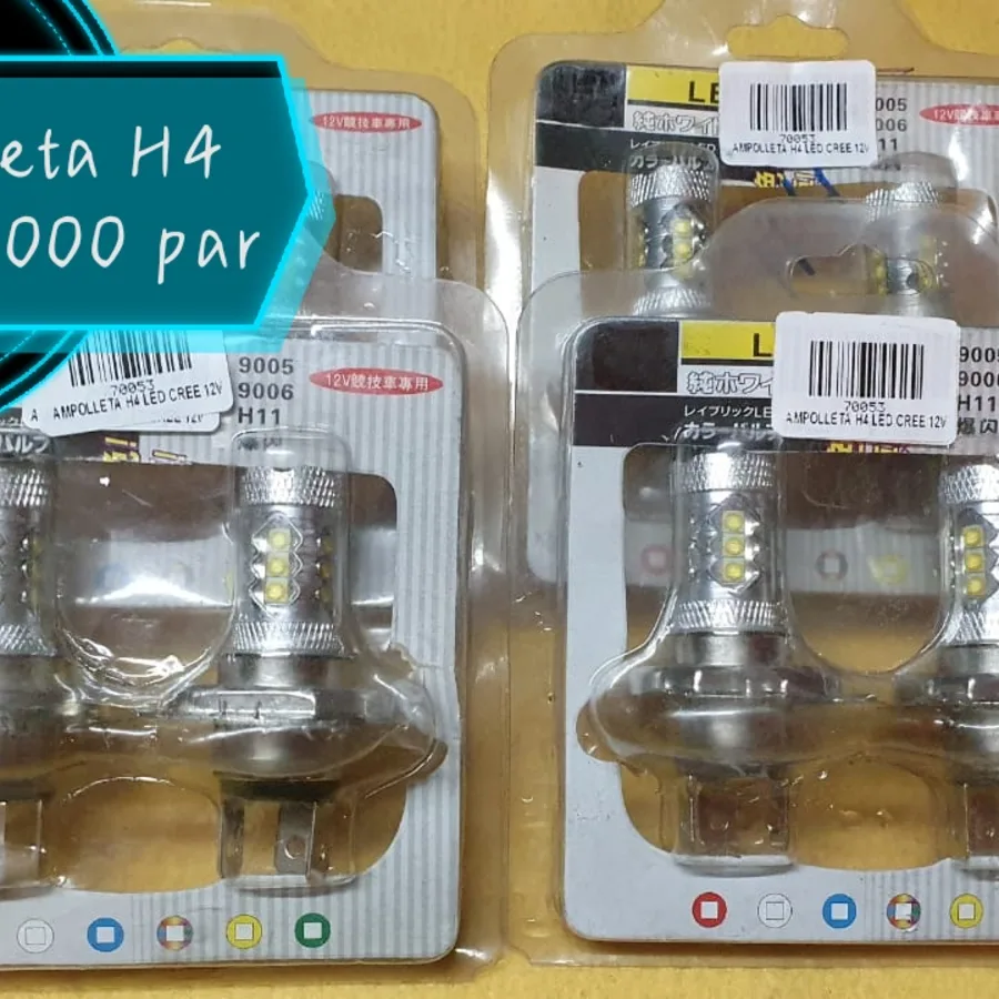 Par de ampolletas H4 LED en su envase, con etiqueta de precio del local