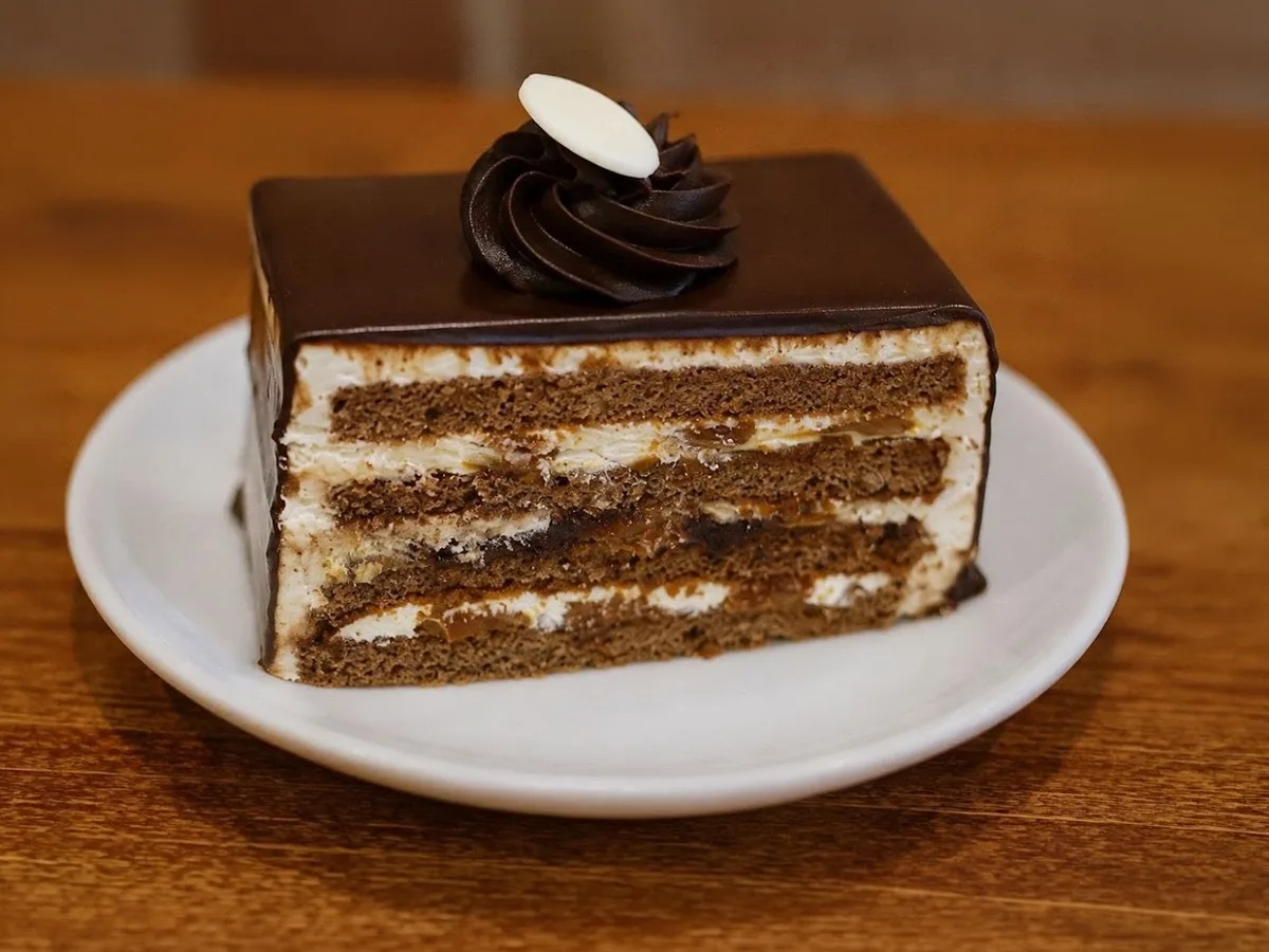 Trozo de torta de capas con cobertura de chocolate sobre plato