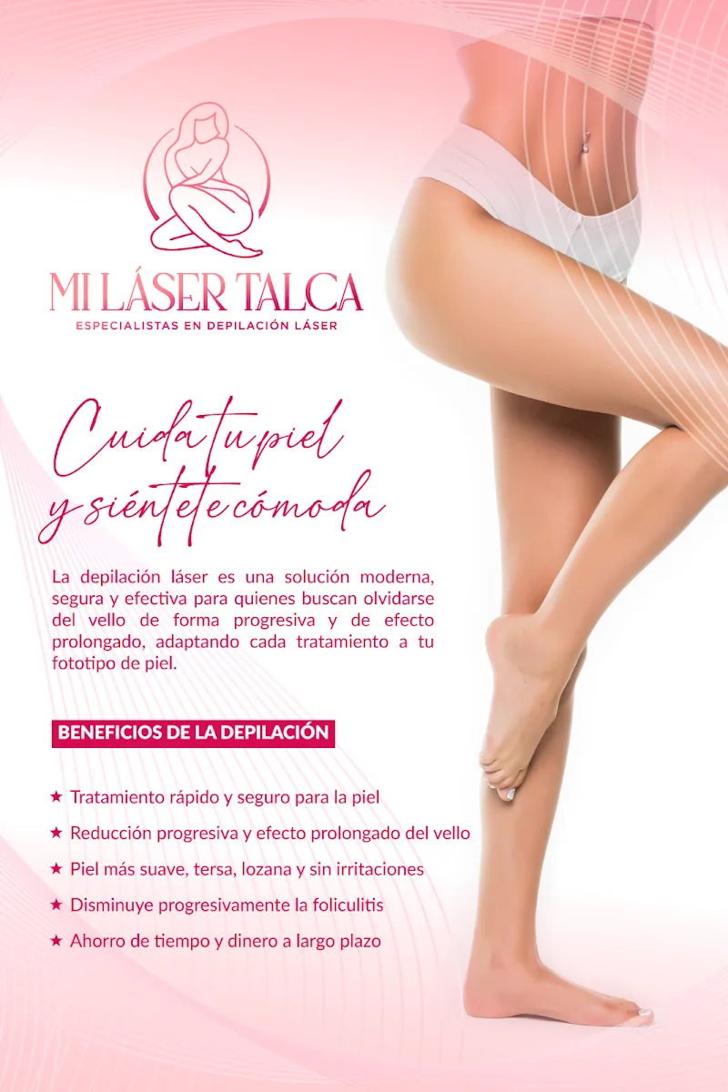 Pieza gráfica real de Mi Láser Talca: "cuida tu piel y siéntete cómoda"