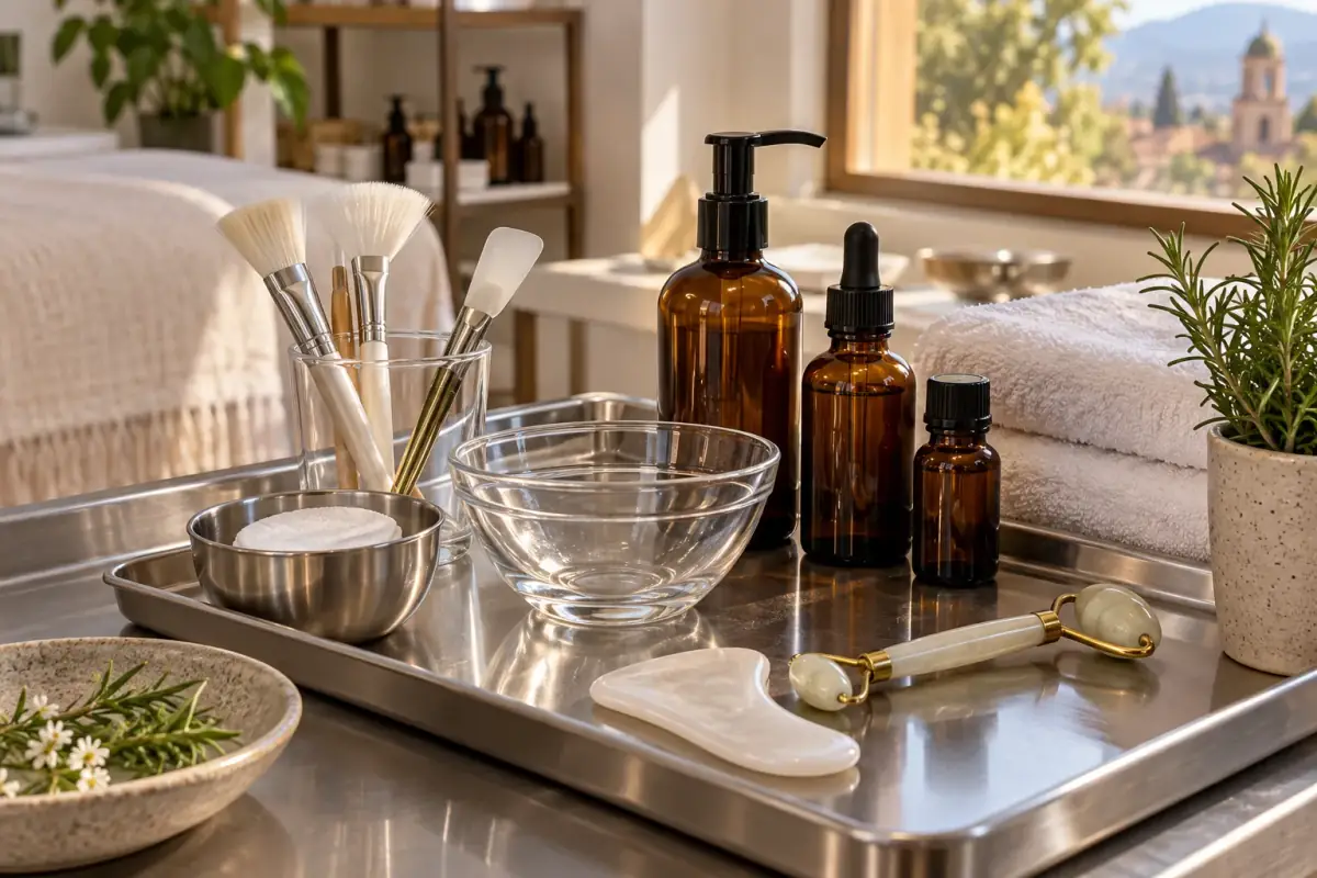 Bandeja con utensilios de limpieza facial: brochas, cuencos y rodillo de jade