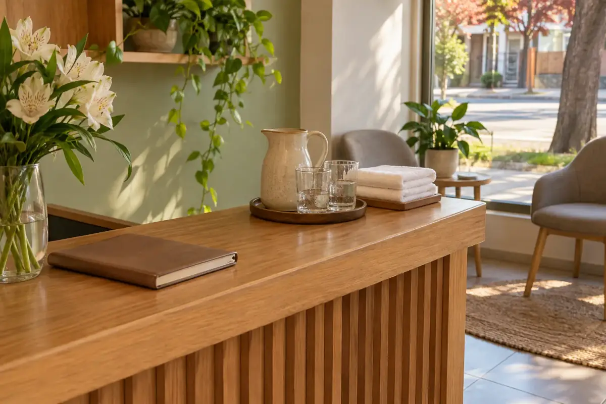 Recepción del centro con jarra de agua, toallas y flores frescas