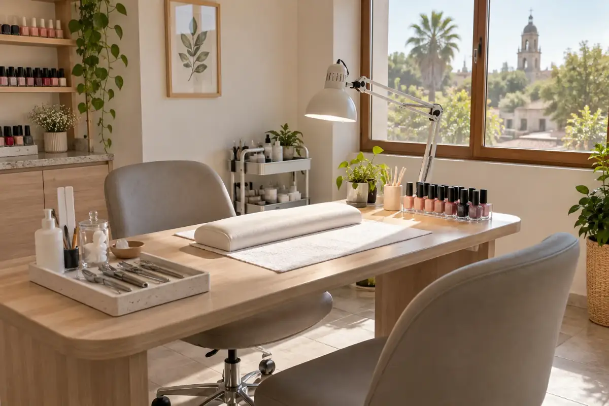Estación de manicure con esmaltes, lámpara y vista a la calle de Curicó