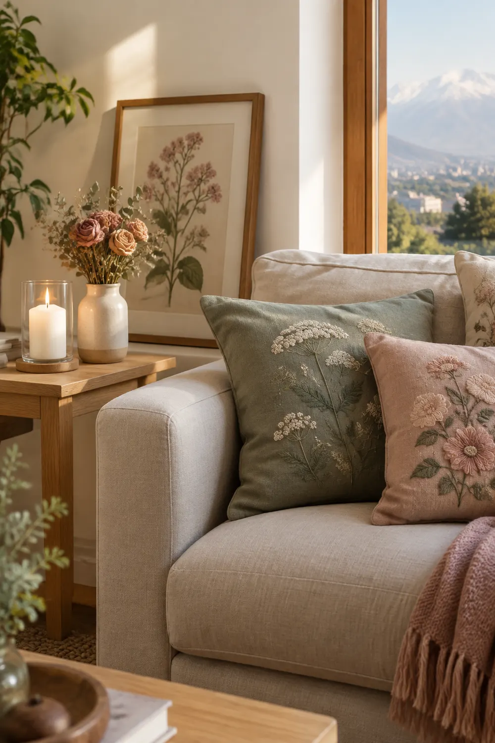 Bosquejo de muestra: rincón de living con cojines bordados, vela encendida y lámina enmarcada