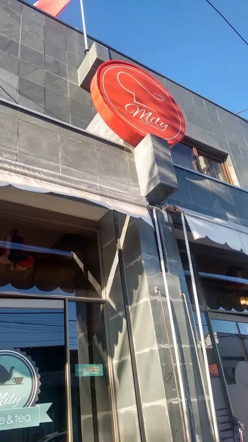 Fachada del Hotel Mily sobre la avenida Arturo Prat en San Javier, con el letrero rojo del restaurant