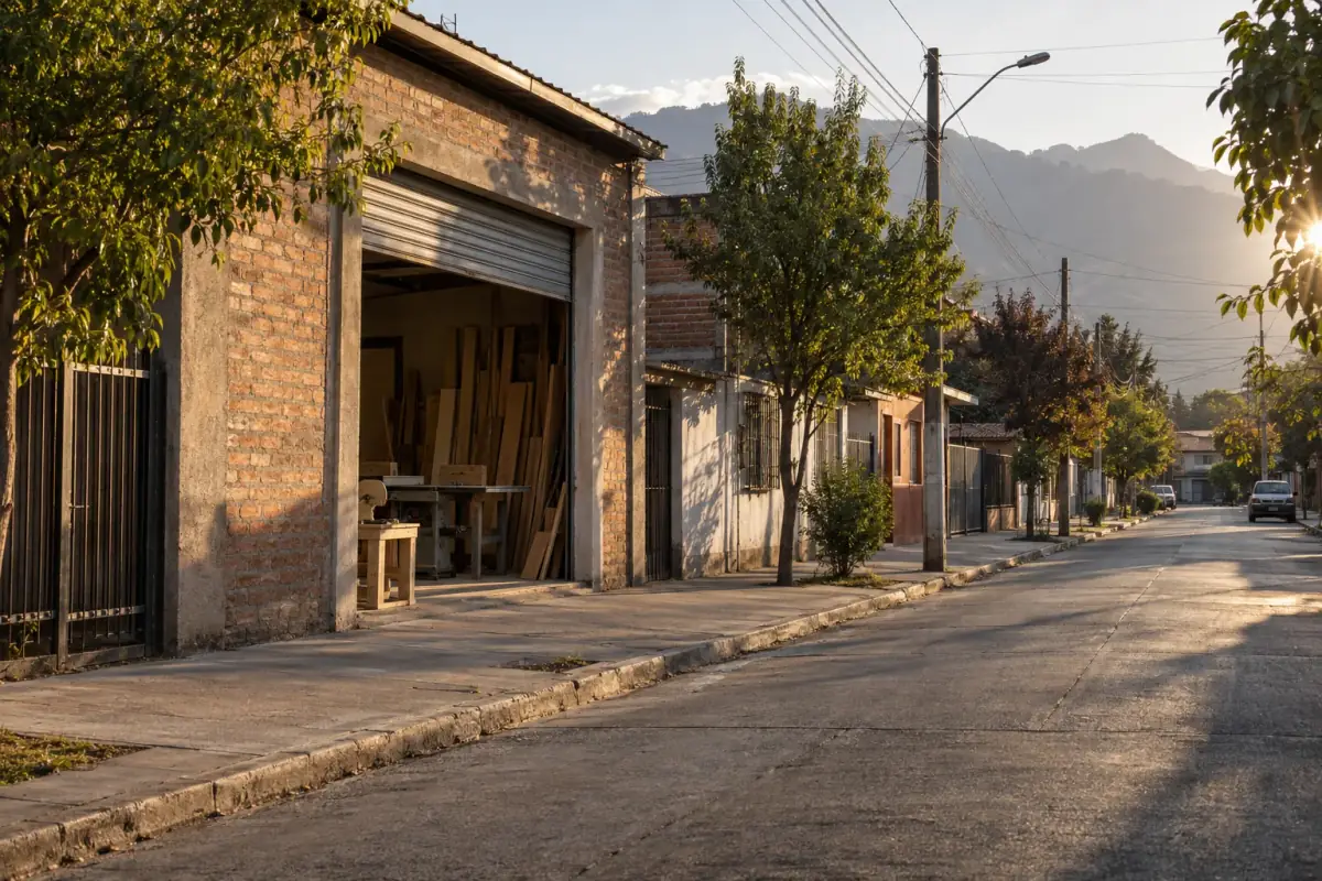 Frontis del taller de mueblería con tablas de madera apiladas y banco de trabajo