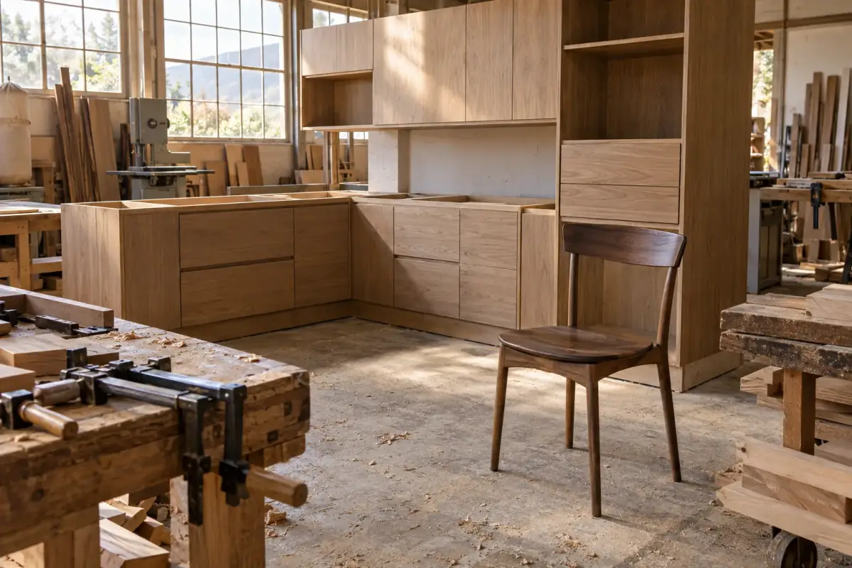 Silla y gabinetes de madera terminados dentro del taller de la mueblería