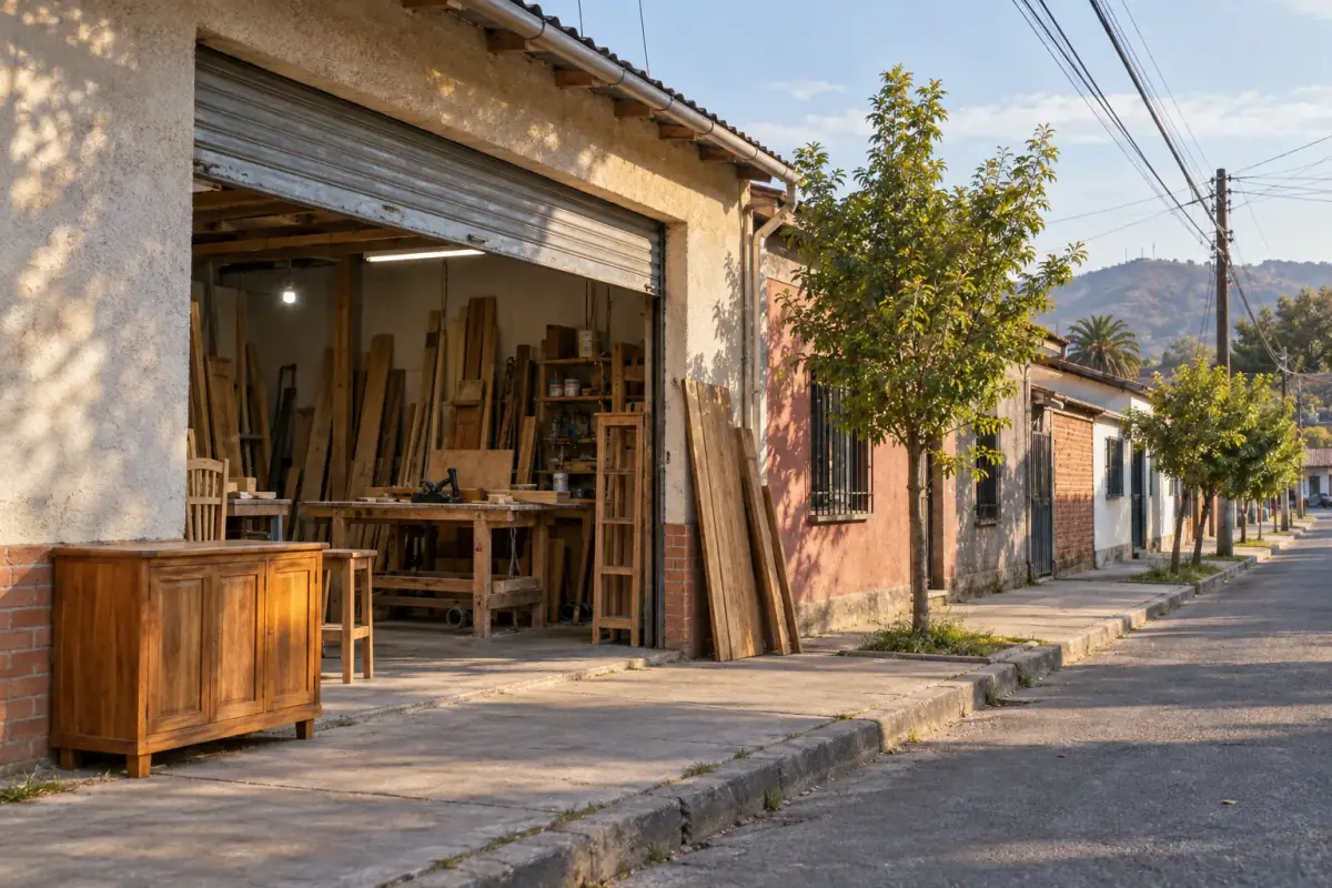 Fachada de un taller de muebles con el portón abierto hacia la calle