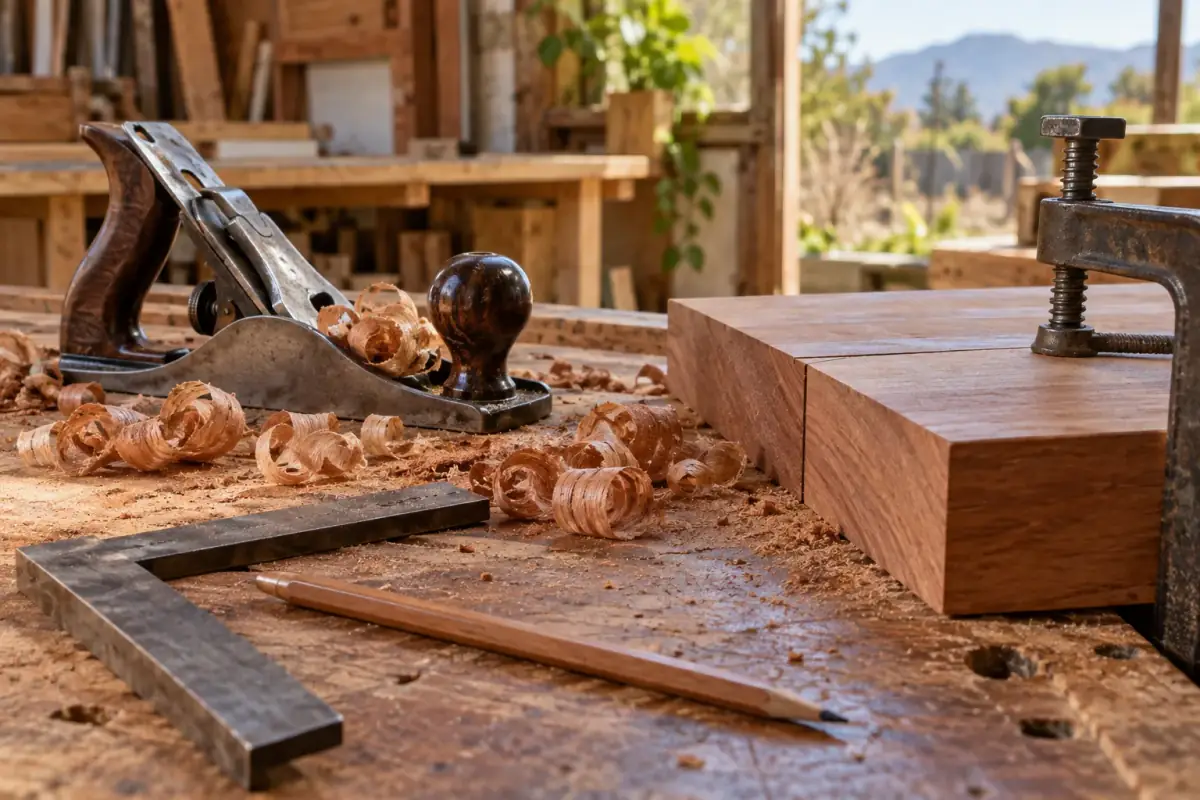 Cepillo de carpintero y virutas sobre un tablón de madera