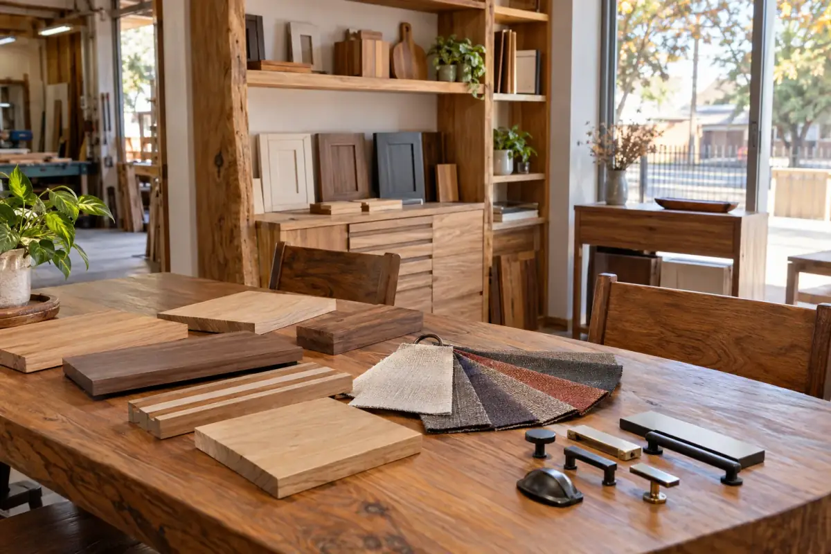 Muestras de tableros de madera y tiradores sobre una mesa del taller