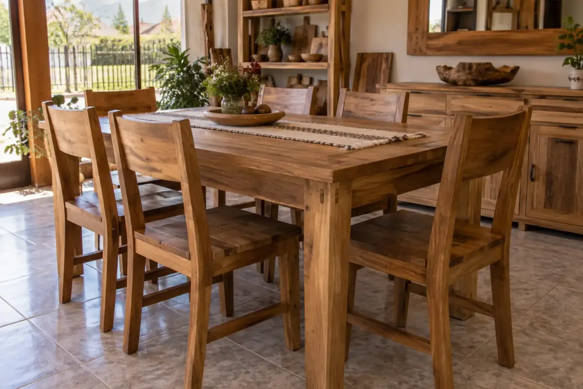 Mesa de comedor de madera con sillas y un aparador terminados