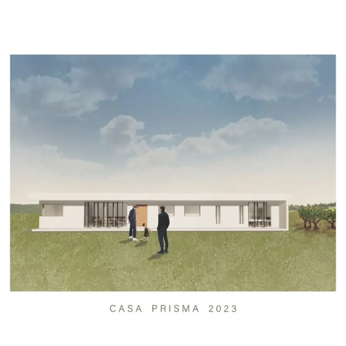 Render exterior de Casa Prisma, vivienda de un piso sobre pradera, proyecto de NAFI Arquitectura