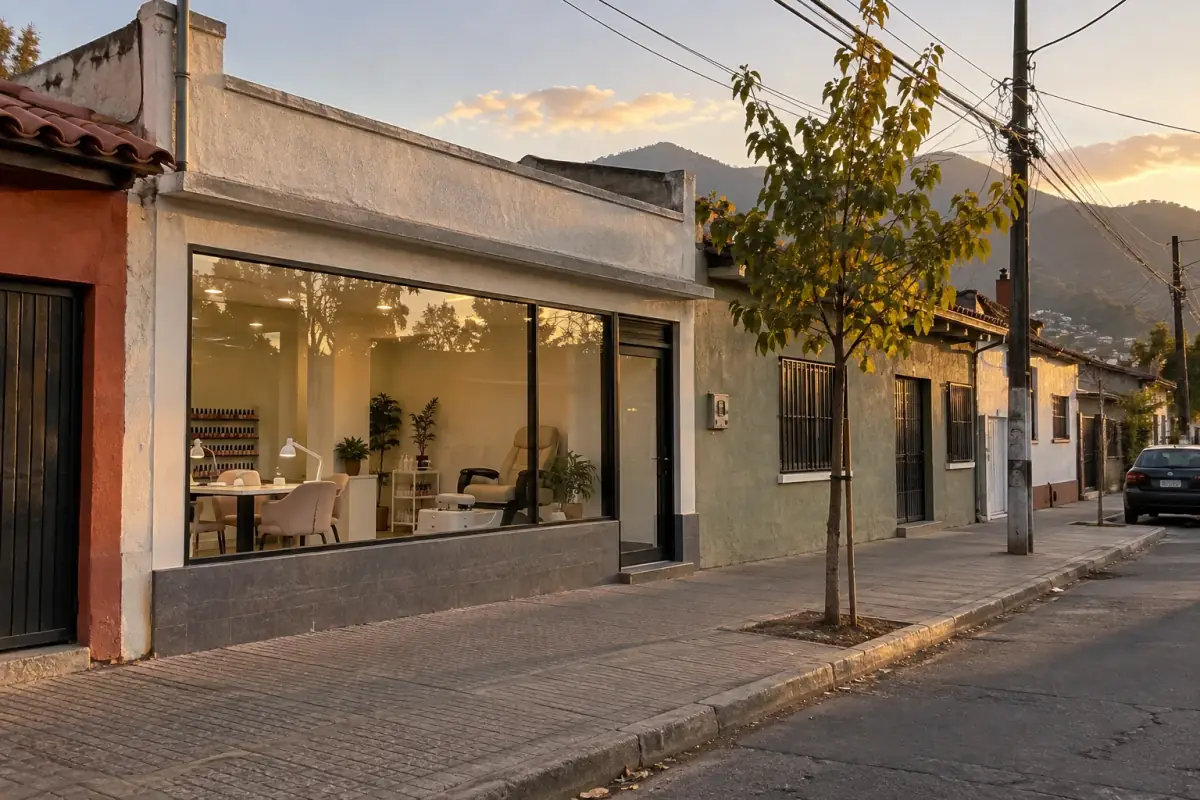 Fachada de NAILSYUS al atardecer: vitrina del salón a pie de calle en Talca