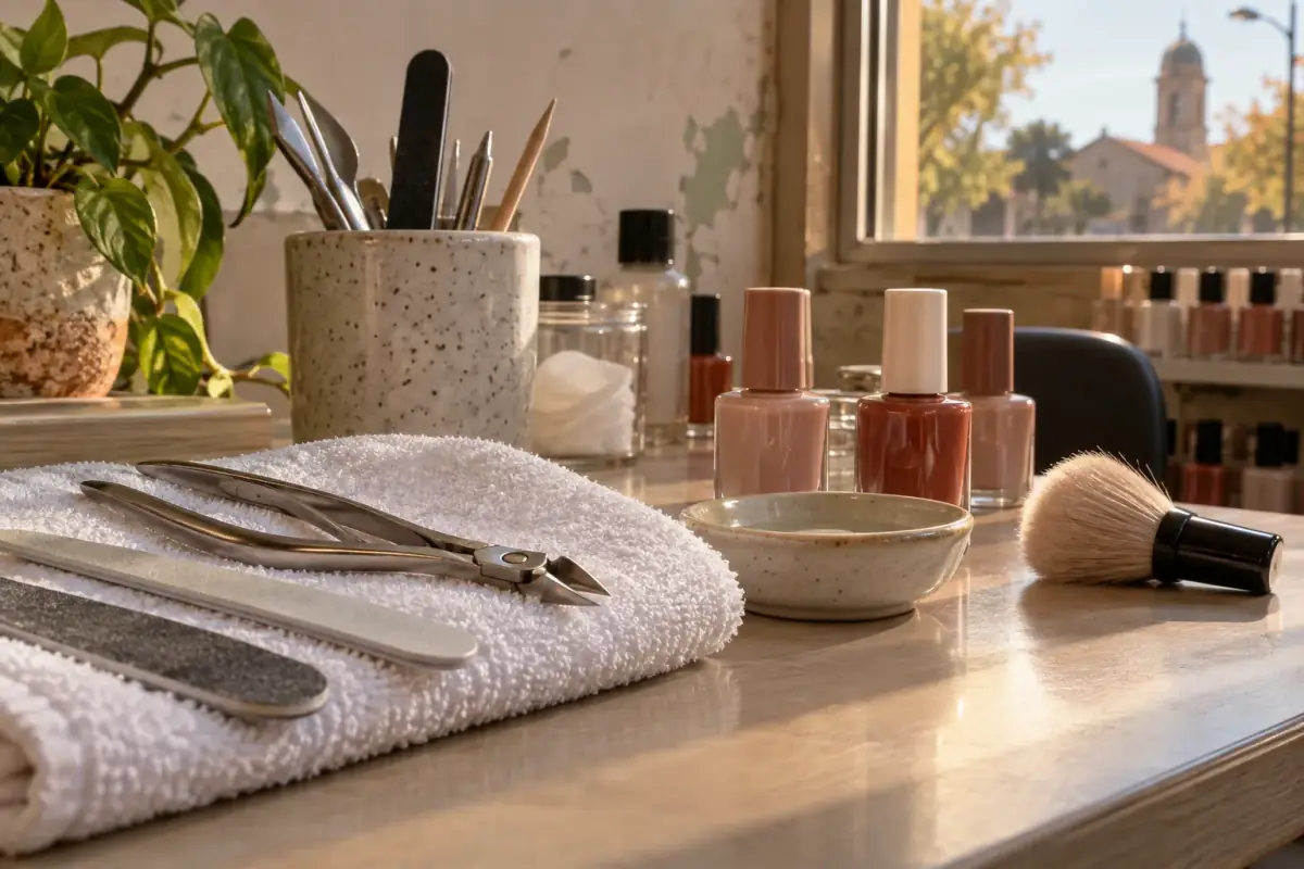 Instrumental de manicura ordenado junto a la repisa de esmaltes del salón