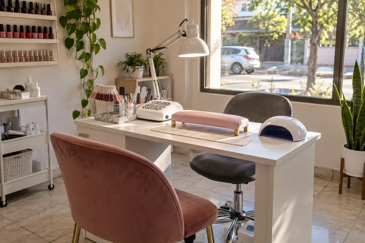 Estación de manicura de NAILSYUS: lámpara de trabajo, silla y toalla lista