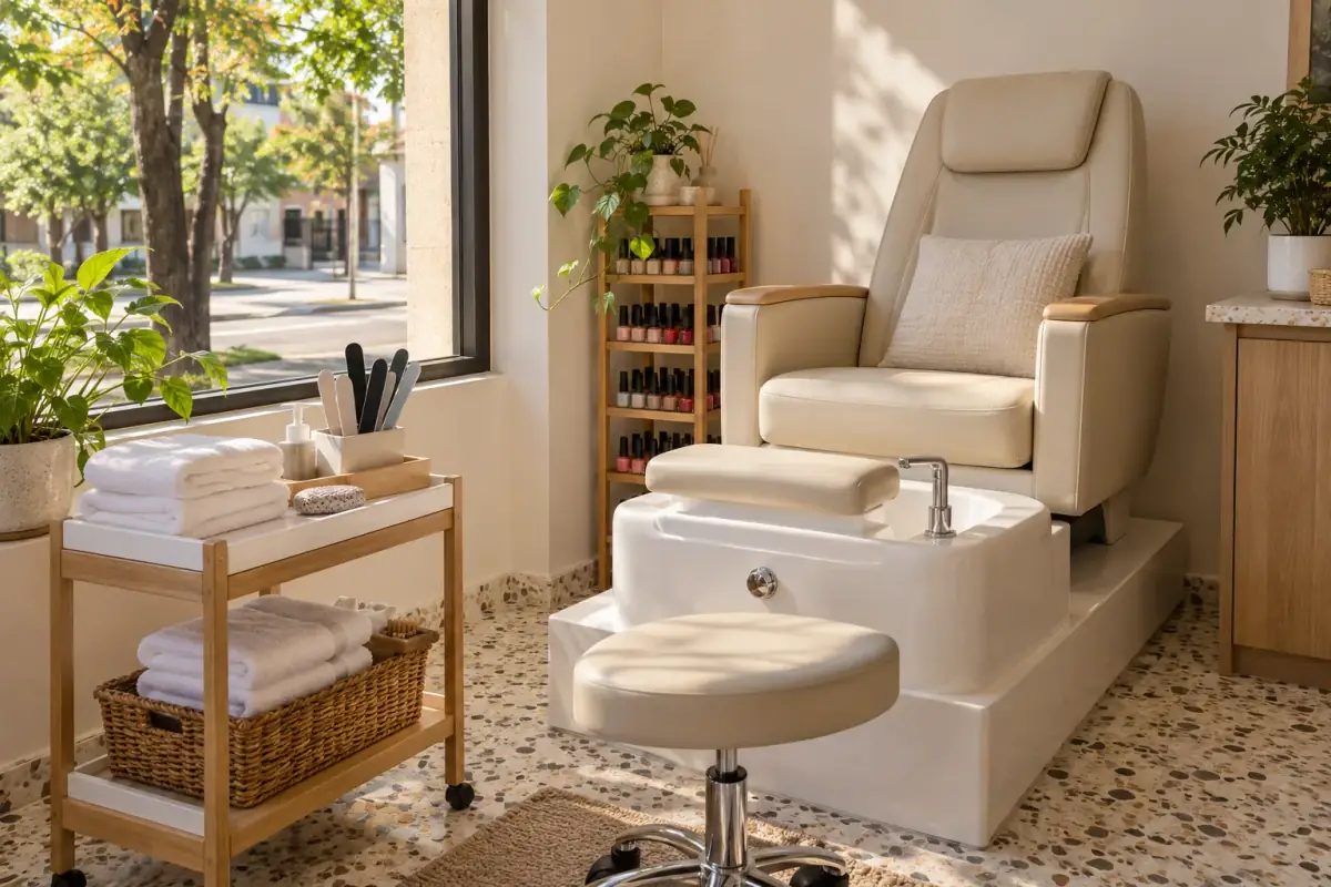 Sillón de pedicura del salón con toallas blancas y luz de ventana