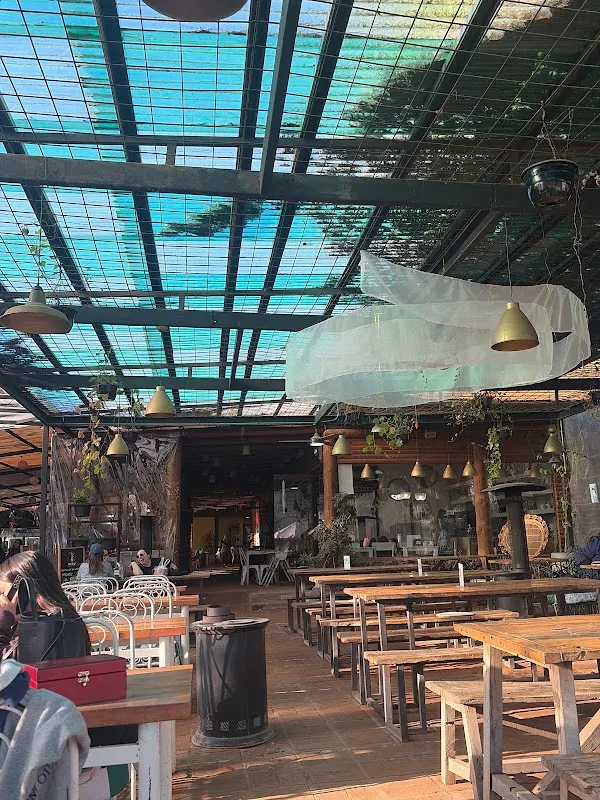 Interior del restaurante NARU con techo vidriado y mesas de madera