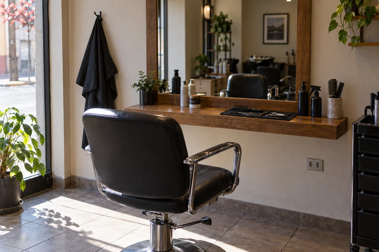 Estación de trabajo del atelier: silla de peluquería frente al espejo