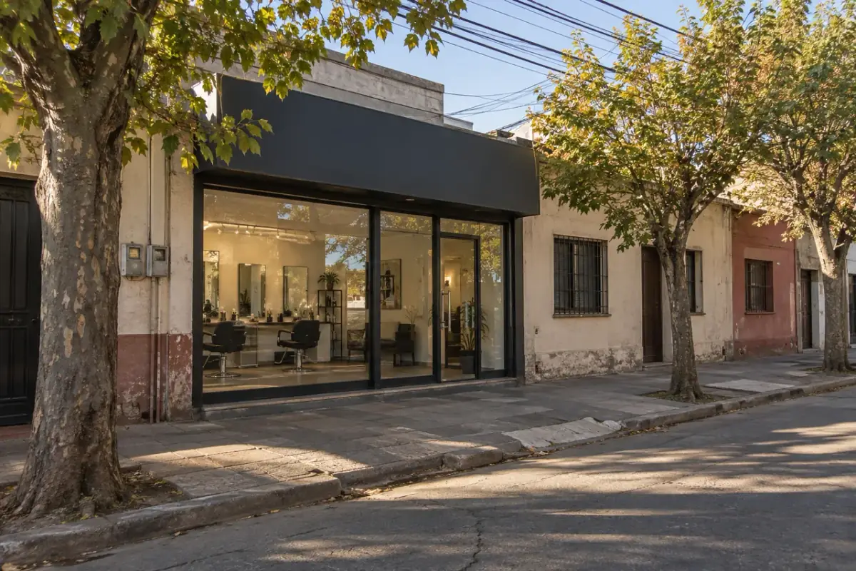 Fachada de Nicolás Atelier en Neuquén 384, entre plátanos de Linares