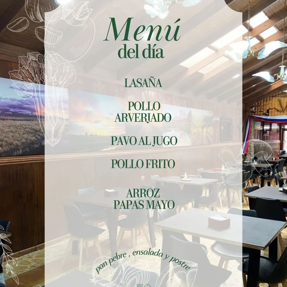Afiche del menú del día de Oikos publicado en su Facebook: charquicán con ensalada