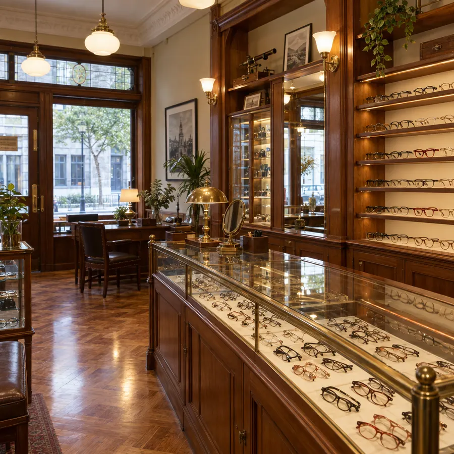 Bosquejo de la vitrina interior de la óptica con armazones en vitrinas de madera