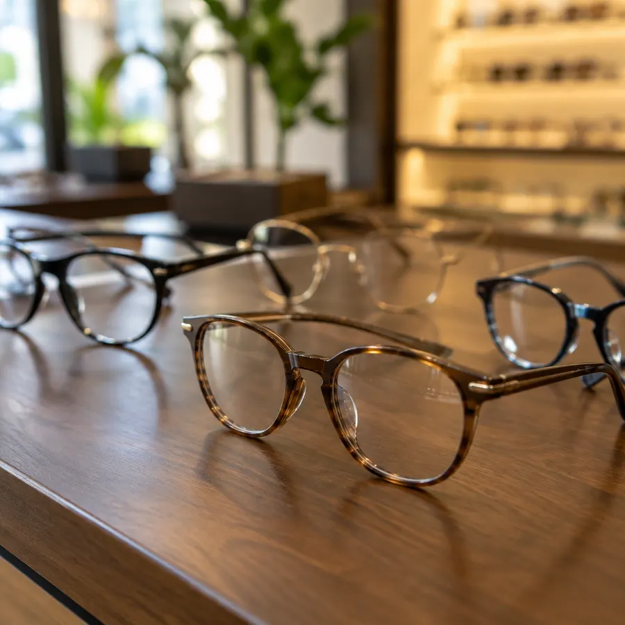 Bosquejo de armazones de anteojos sobre mesón de madera