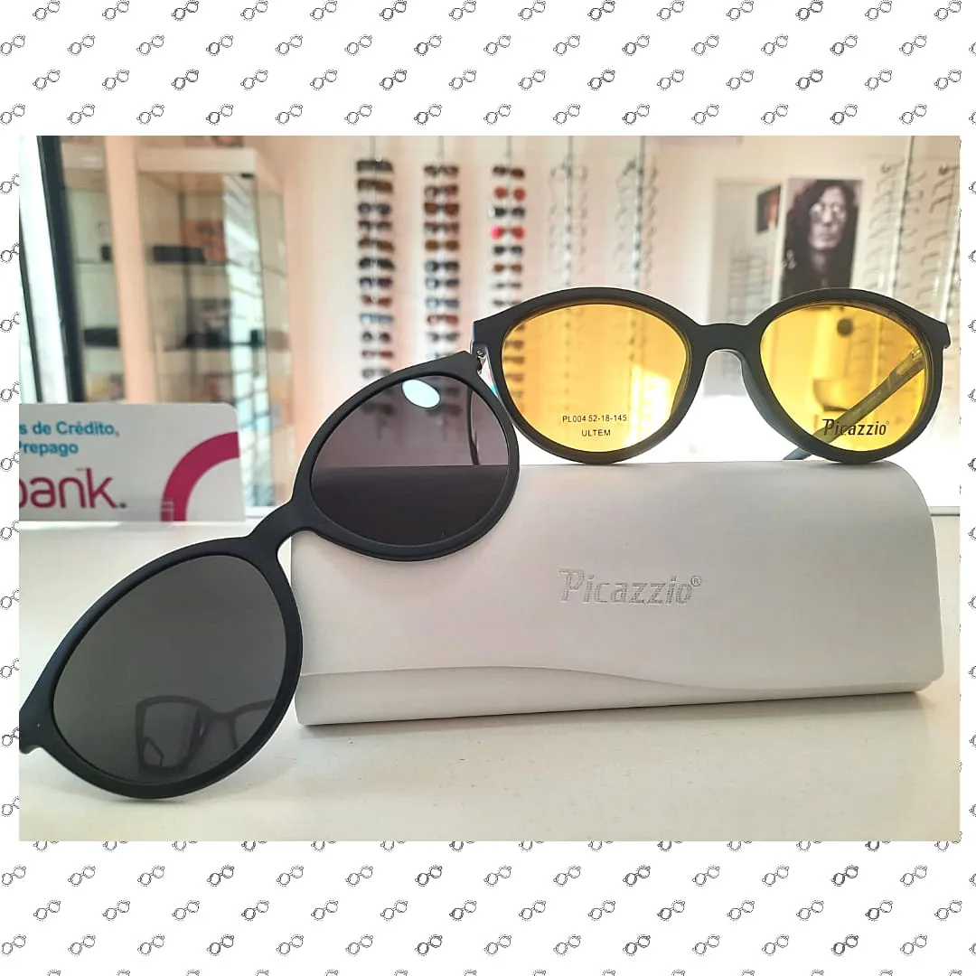 Lentes de sol Picazzio con estuche blanco en la vitrina de Óptica Loica