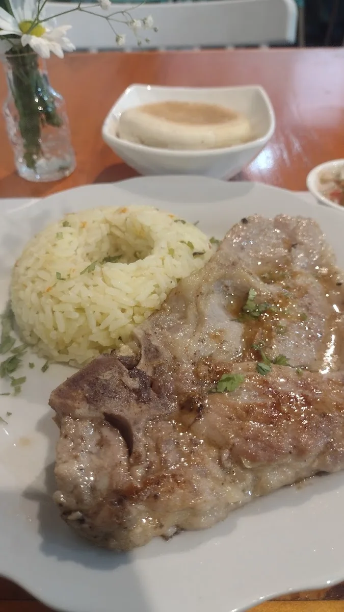 Plato de fondo con arroz y carne al jugo