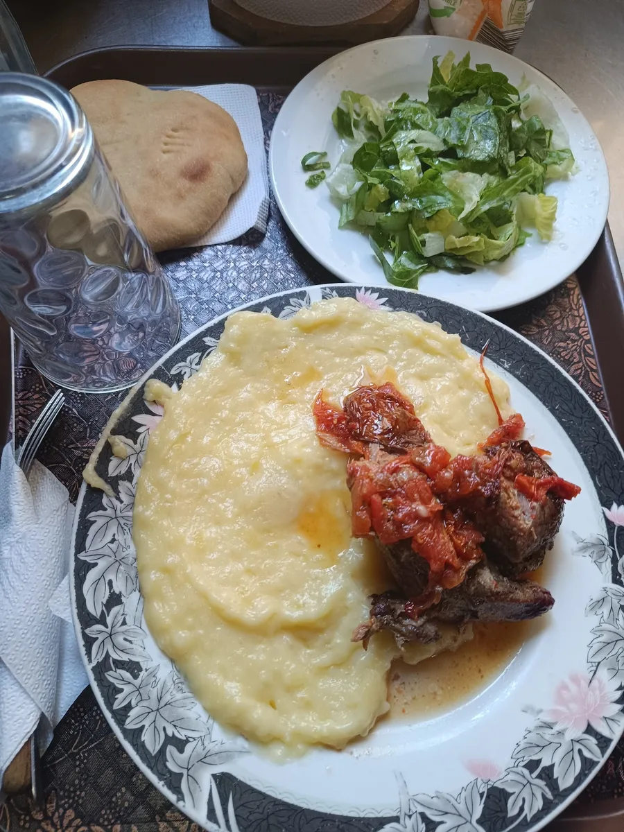 Bandeja de almuerzo: carne al jugo con puré, ensalada y pan amasado