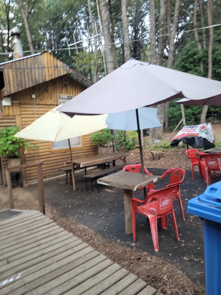 Terraza del parador con sombrillas y sillas entre los árboles