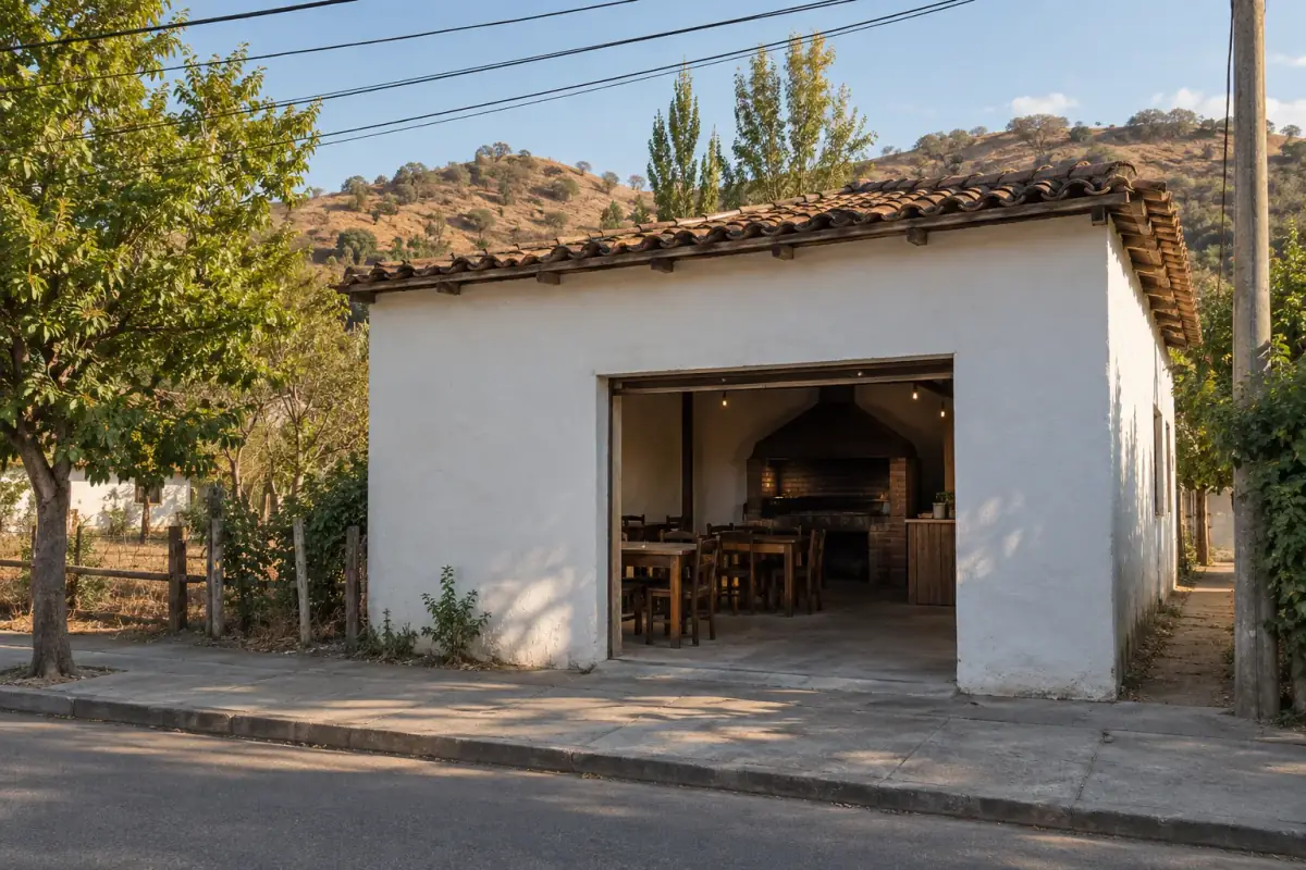 Local de adobe blanco con teja y comedor de madera, a la orilla de la K-60 con cerros detrás