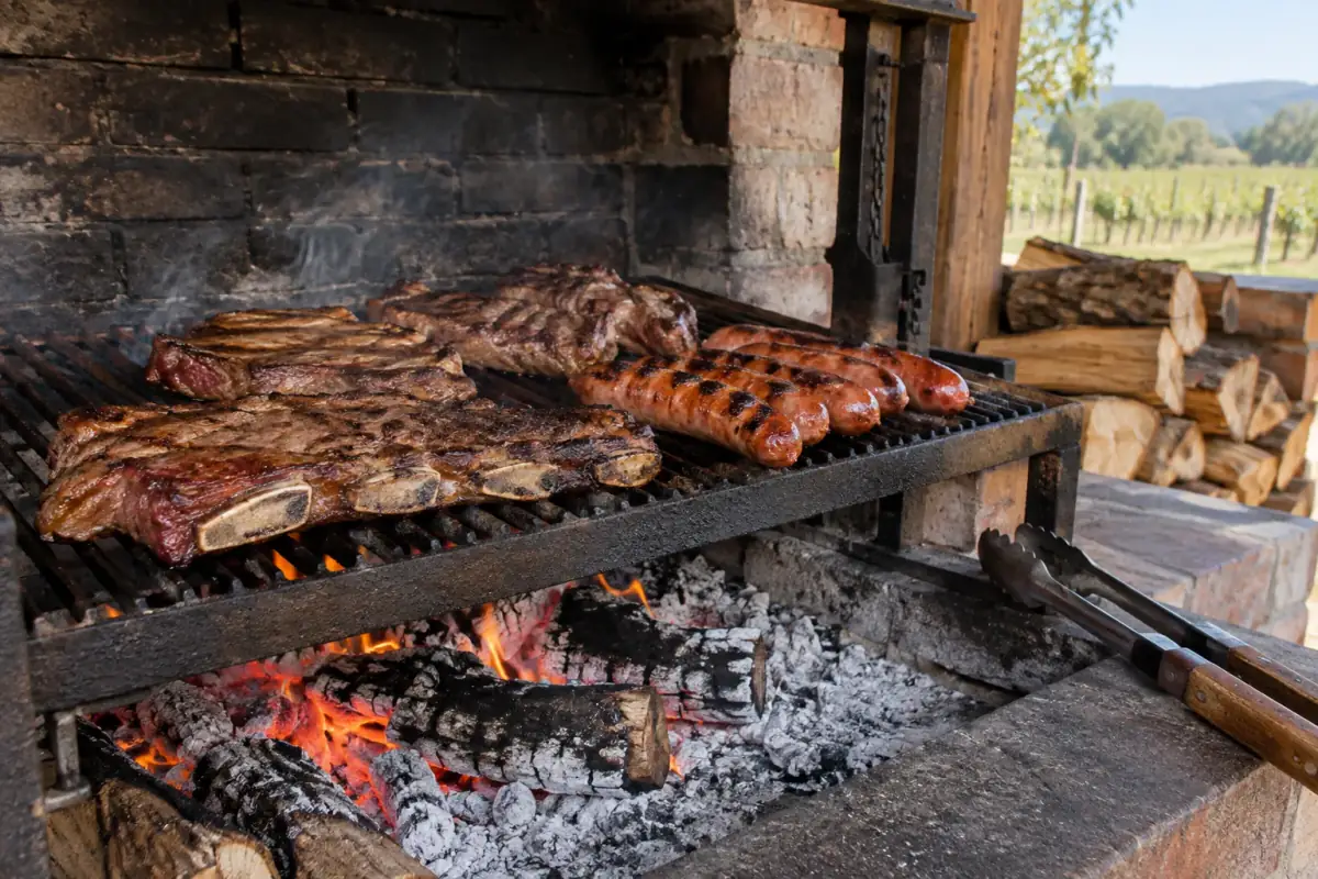 Parrilla de ladrillo con costillar y longanizas sobre brasas de leña