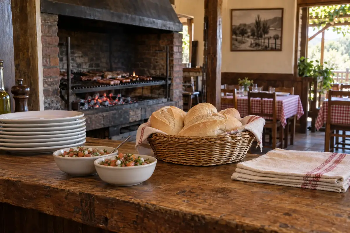 Mesón de madera con canasto de marraquetas, pocillos de pebre y la parrilla al fondo