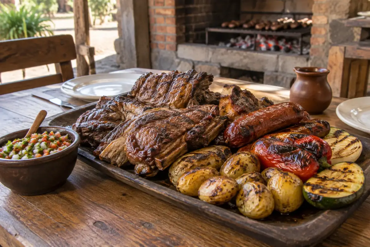 Parrillada servida en tabla de madera con longaniza, verduras asadas, papas y pebre