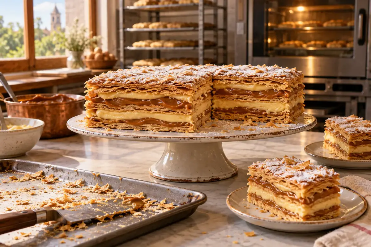 Torta de mil hojas con manjar recién salida, frente a las rejillas del horno