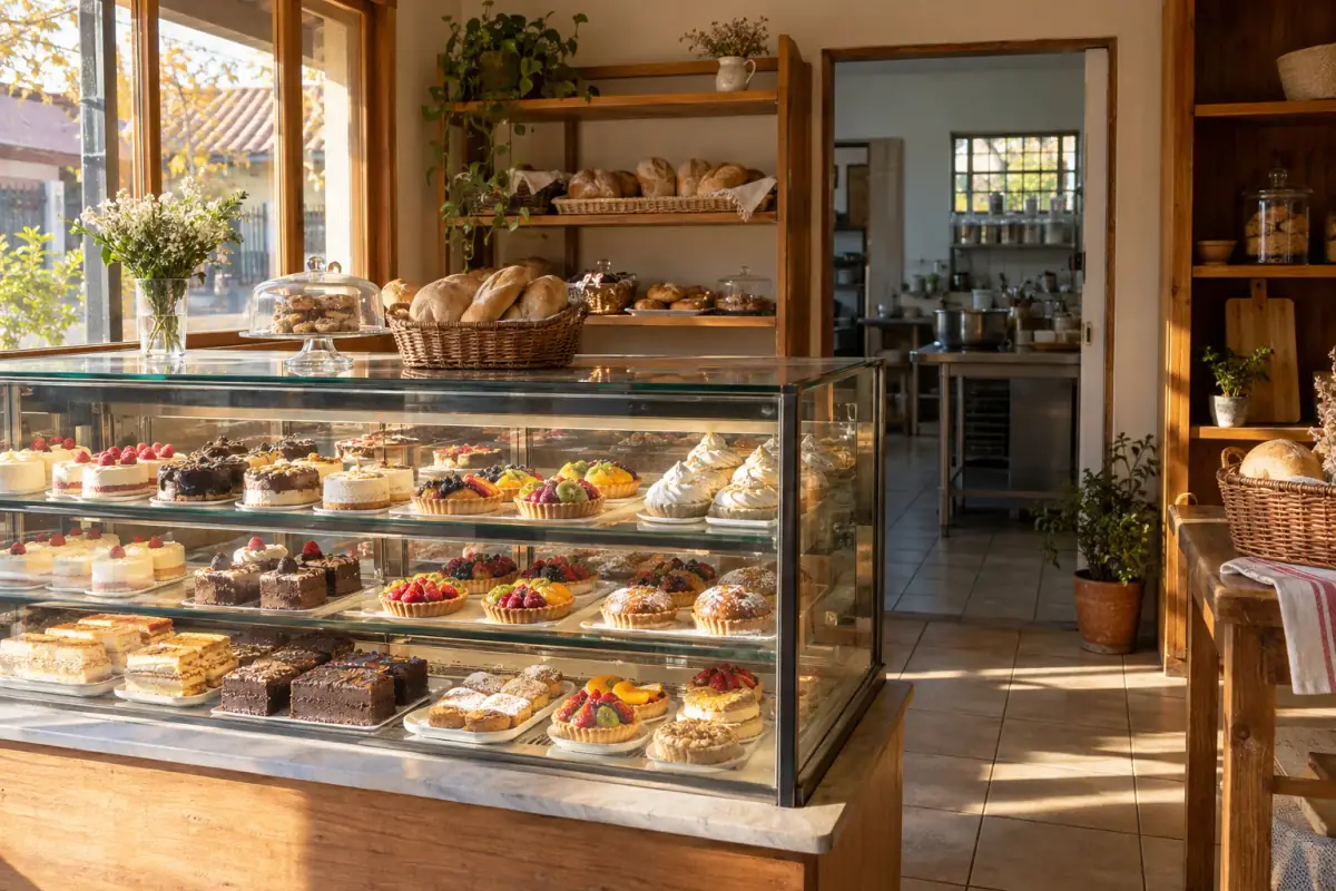 Vitrina de la pastelería Eluney llena de tartaletas de fruta, tortas y panes recién horneados