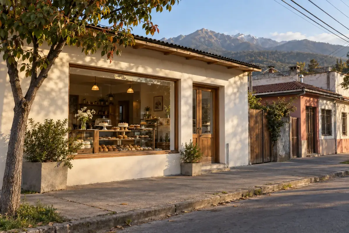 Fachada de la pastelería al atardecer: vitrina encendida con tortas y kuchen, y la cordillera al fondo