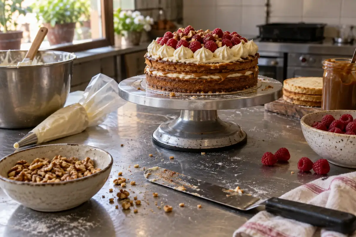 Torta de capas con crema, manjar, frambuesas y nueces sobre un stand de cerámica