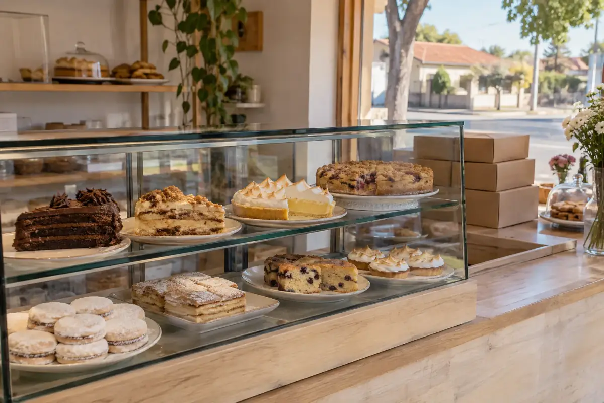 Vitrina de pastelería con pie de limón, torta de chocolate, kuchen de berries y alfajores