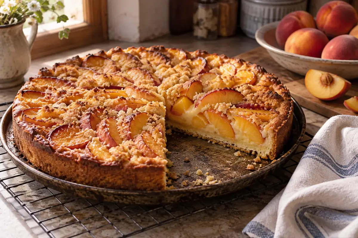 Kuchen de durazno con crumble sobre una rejilla de enfriado, con una porción cortada