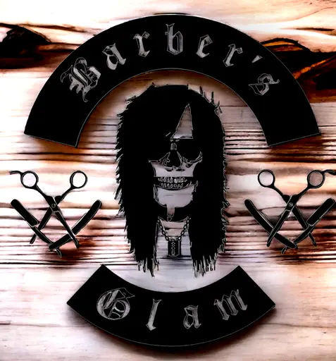 Logo de Barber's Glam: cráneo y tijeras sobre madera