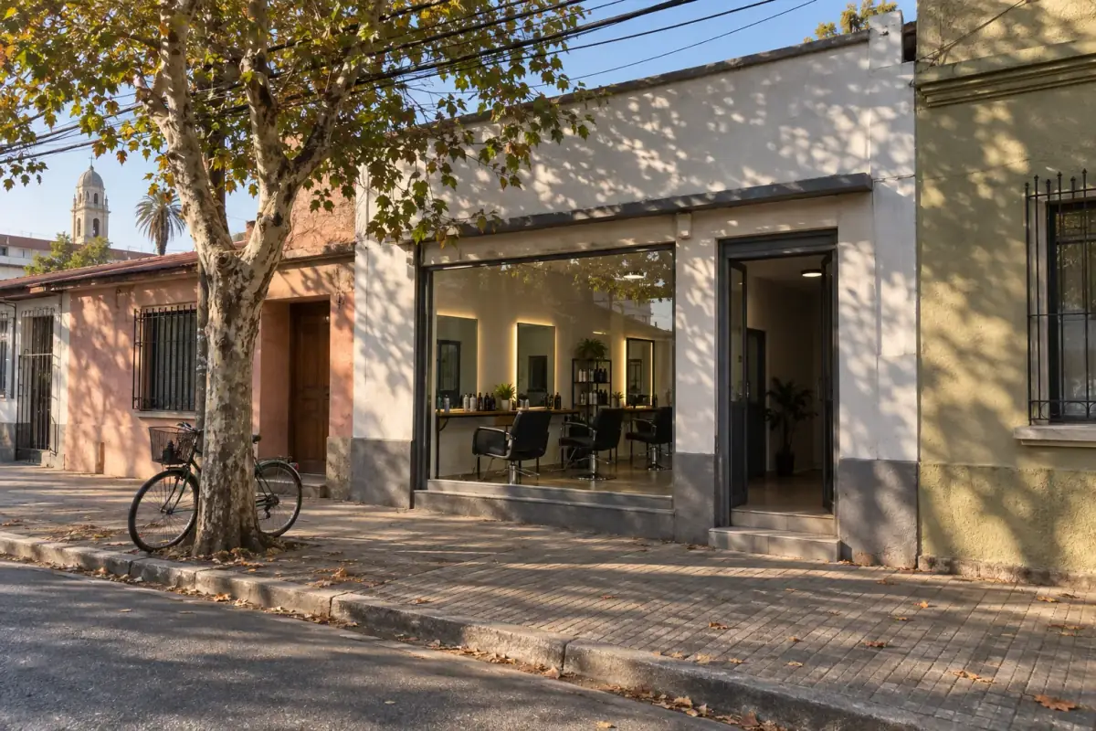 Fachada de la peluquería en un barrio de Curicó: local a pie de vereda con vitrina y sillas visibles