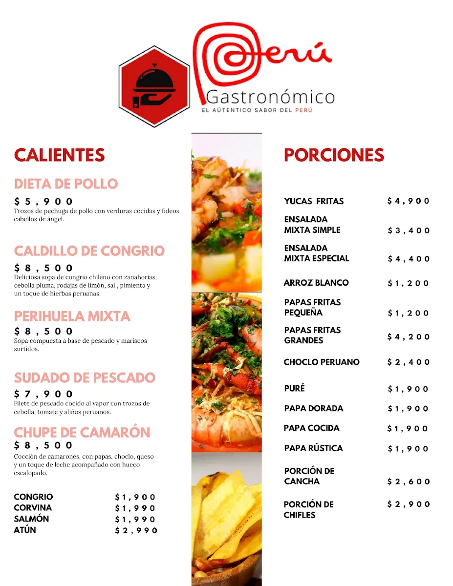La carta impresa de Perú Gastronómico con sus calientes, porciones y precios