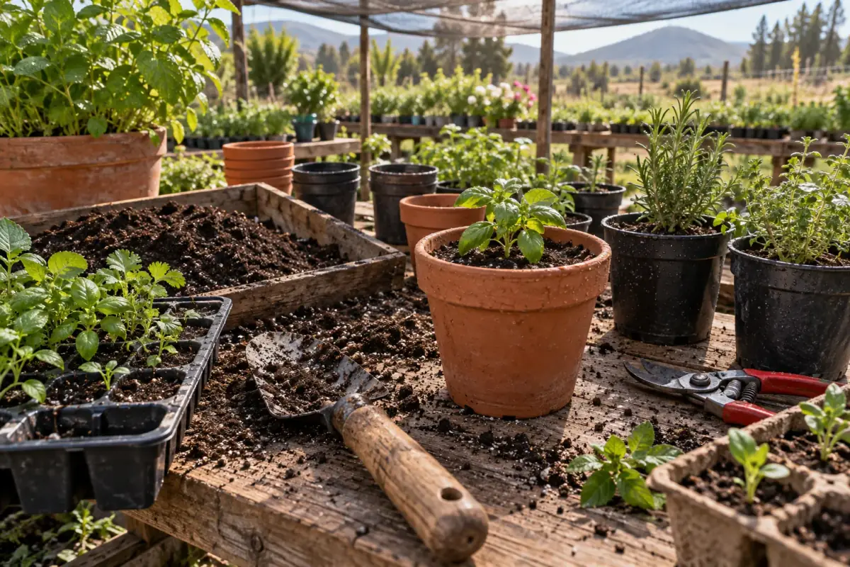 Mesa de trabajo del vivero con albahaca, romero y semilleros