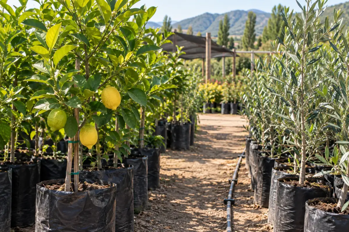 Hileras de ejemplares jóvenes en bolsa bajo la malla del vivero