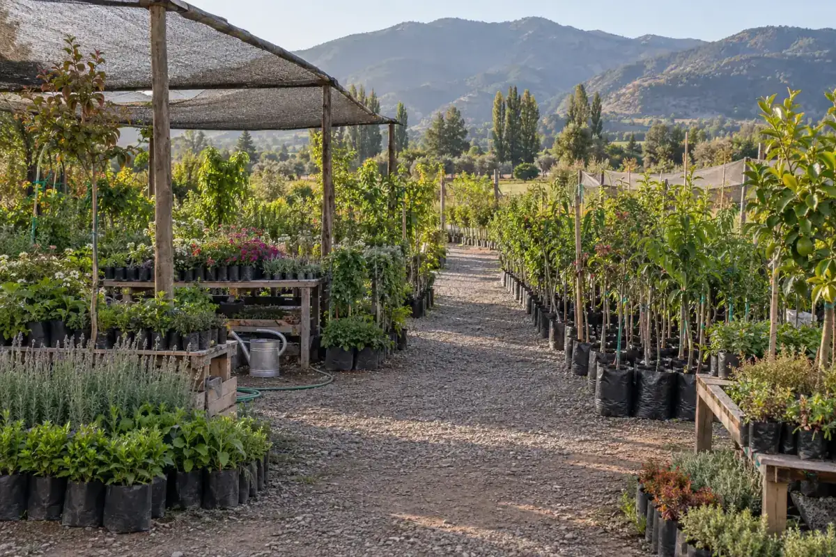 Pasillo del vivero con hileras de plantas en bolsas, bajo malla de sombreo y cerros de fondo