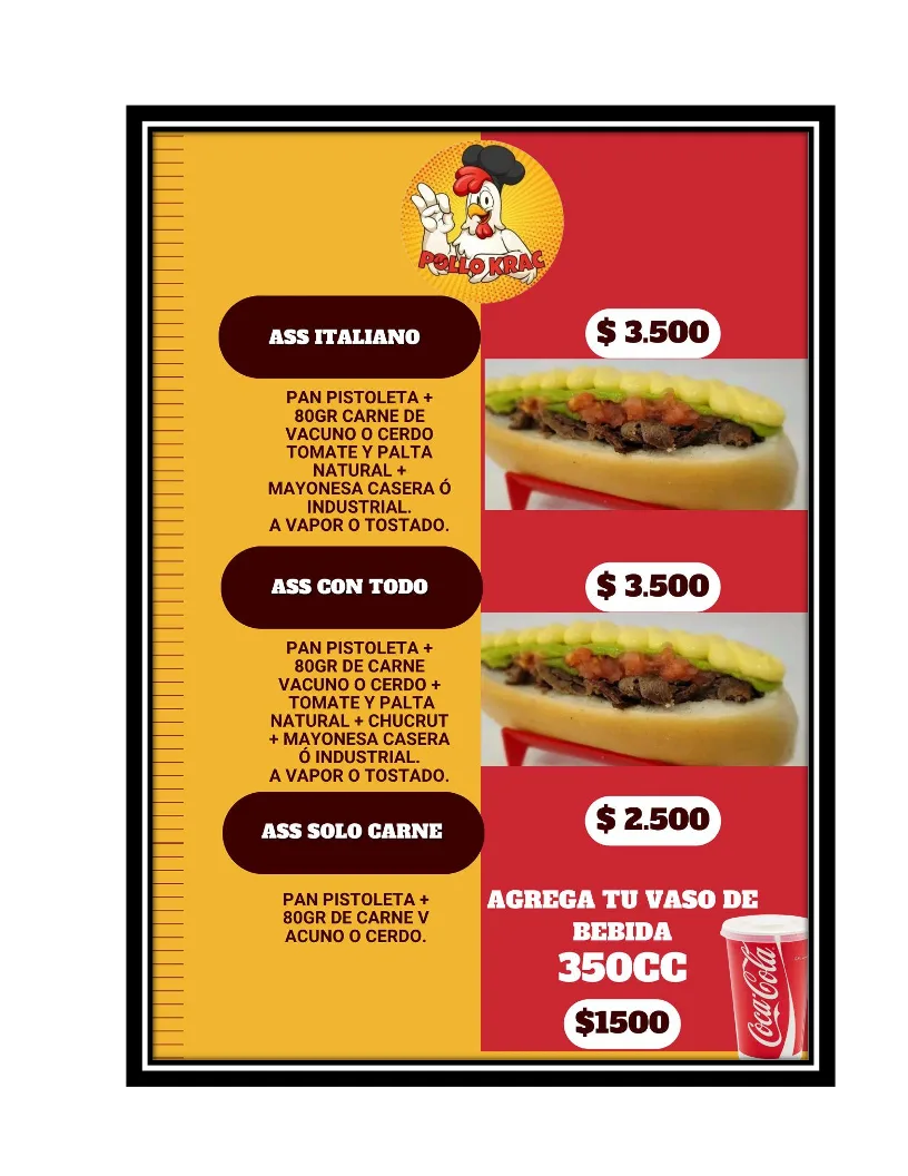 Carta real de Pollo Krac con los precios de los sándwiches ass