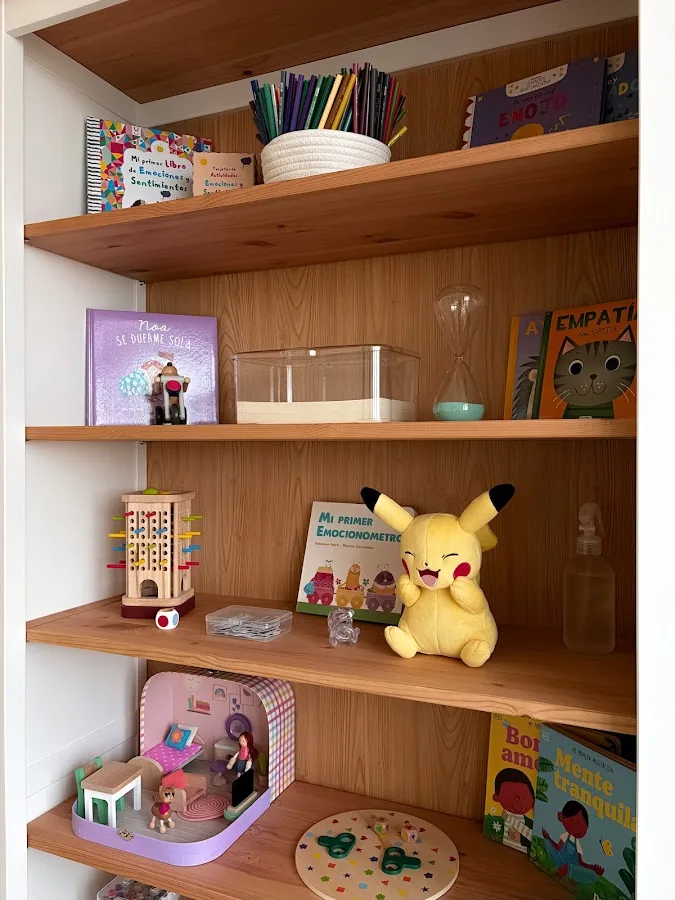 Estante de la consulta con libros y material de trabajo infantil